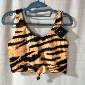 NWT Women's Zaful Swimsuit Top, Tiger Print With Front Knot, Size Large / 8